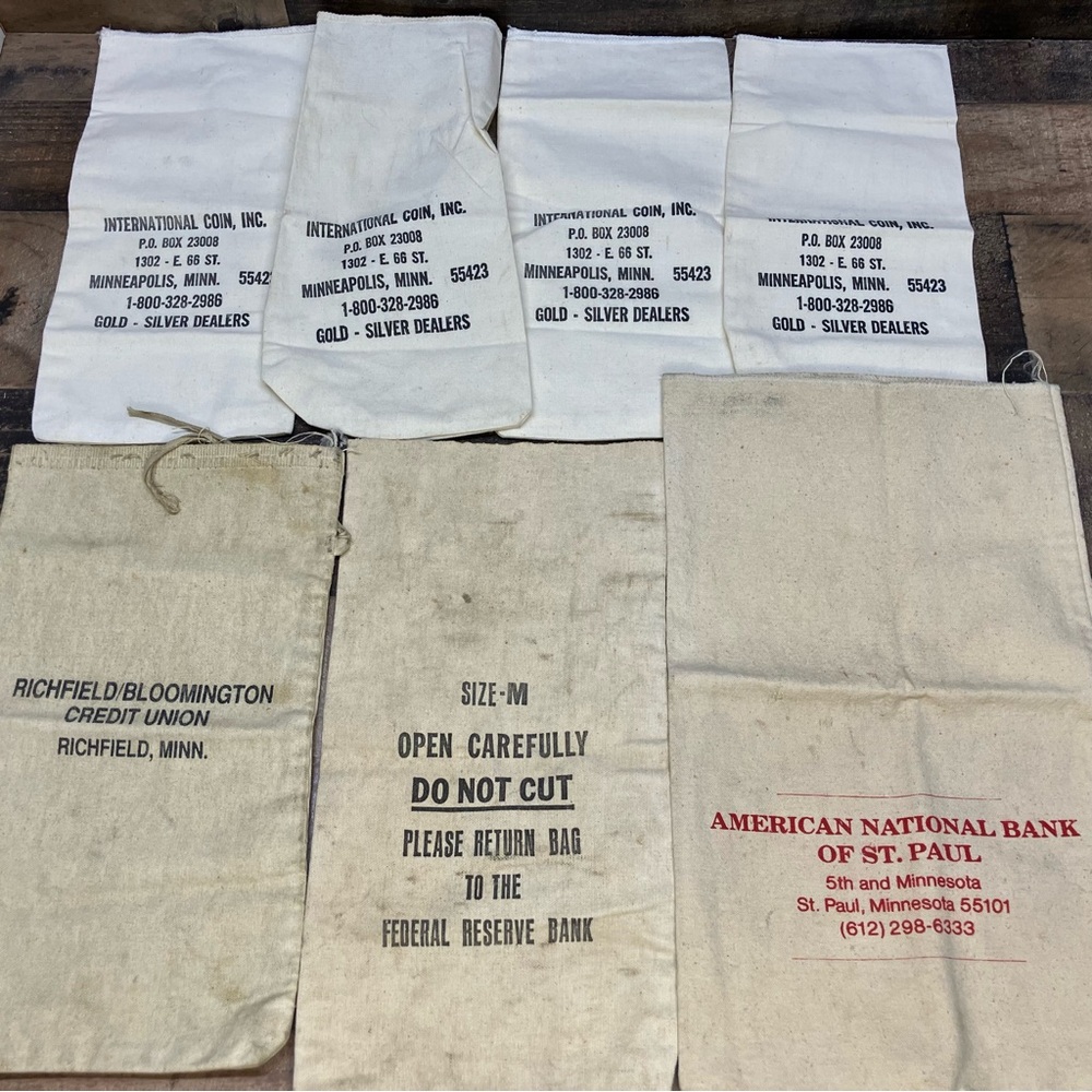 Vintage Money Bags Currency Coin Sacks Cotton Canvas *Lot Of 7* From Minnesota